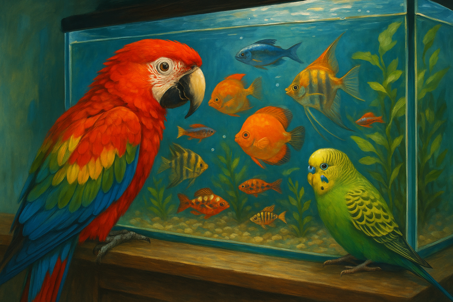 en färgglad papegoja och underlat som tittar in i ett akvarium med fiskar av olika sorter