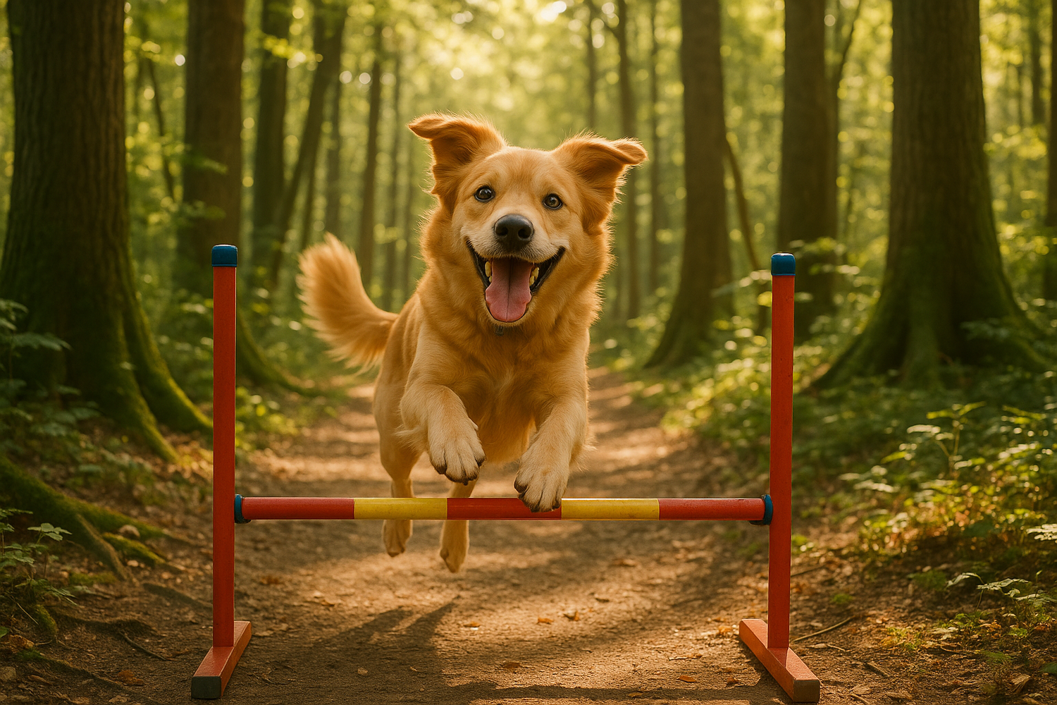 en snäll och glad hund som tränar i en ljus skog