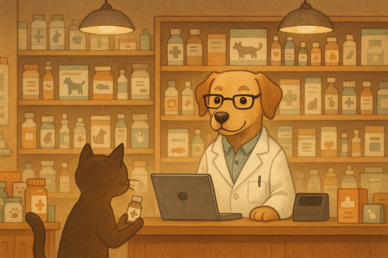 Ett apotek för djur där en hund med vit rock och glasögon står i kassan och en katt handlar
