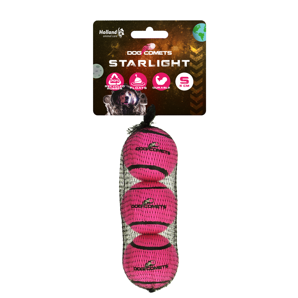 Dog Comets Starlight tennisboll S rosa, 3-pack
