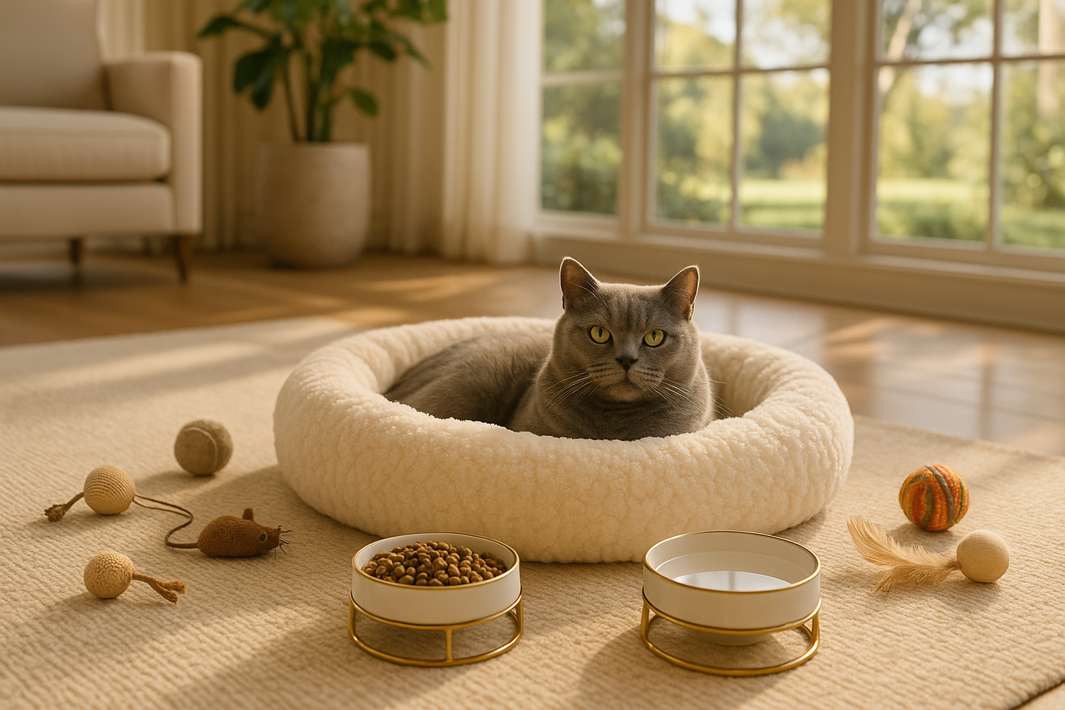 En grå katt som lever i lyx. Katten ligger i en mysig bädd och har leksaker och fina skålar. Katten bor i ett stort ljust hus med stora fönster och grönområde utanför