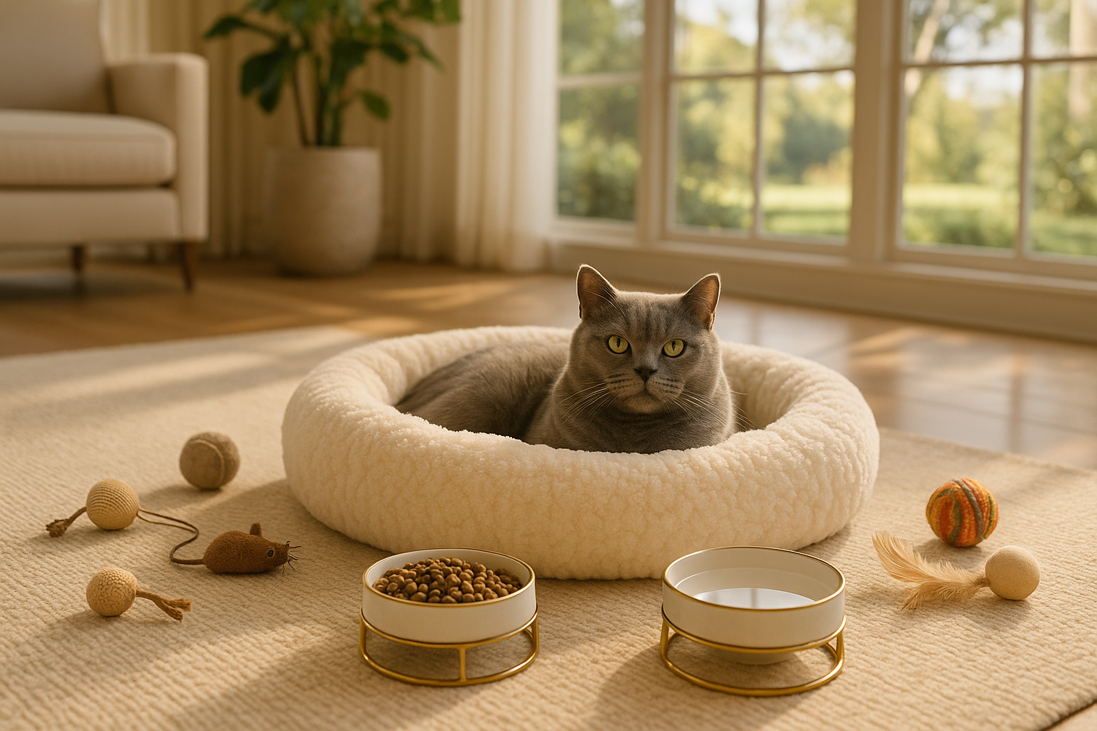 En grå katt som lever i lyx. Katten ligger i en mysig bädd och har leksaker och fina skålar. Katten bor i ett stort ljust hus med stora fönster och grönområde utanför