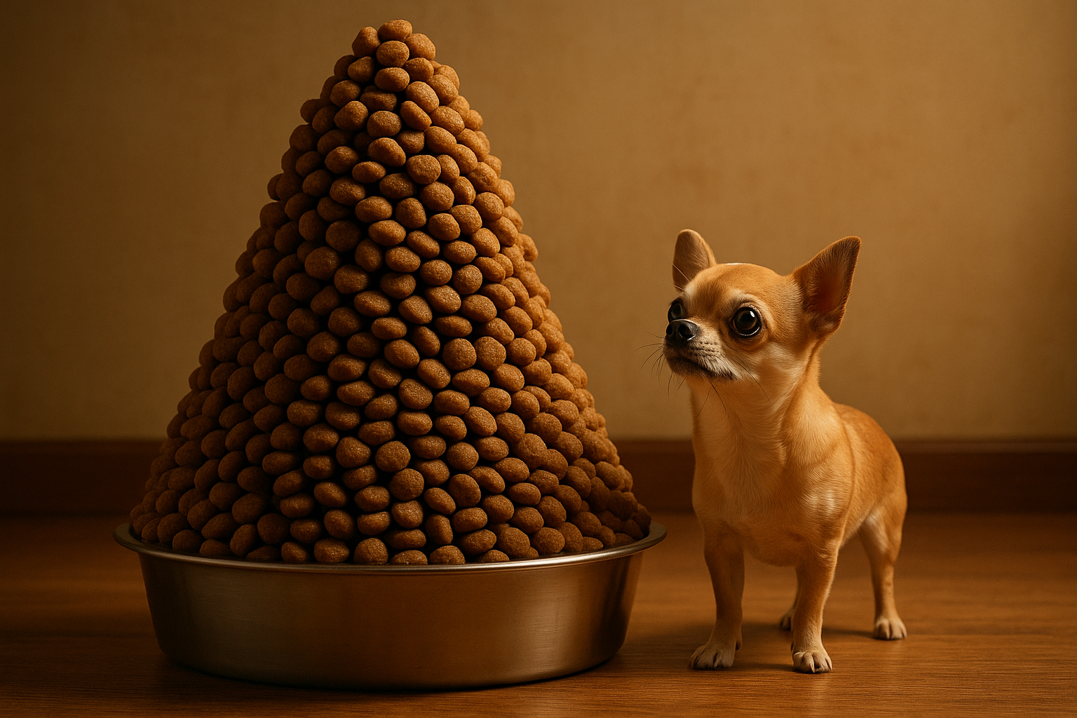 en liten hund framför en hundmatskål som är fylld i en jättehög som är högre än hunden med mat 