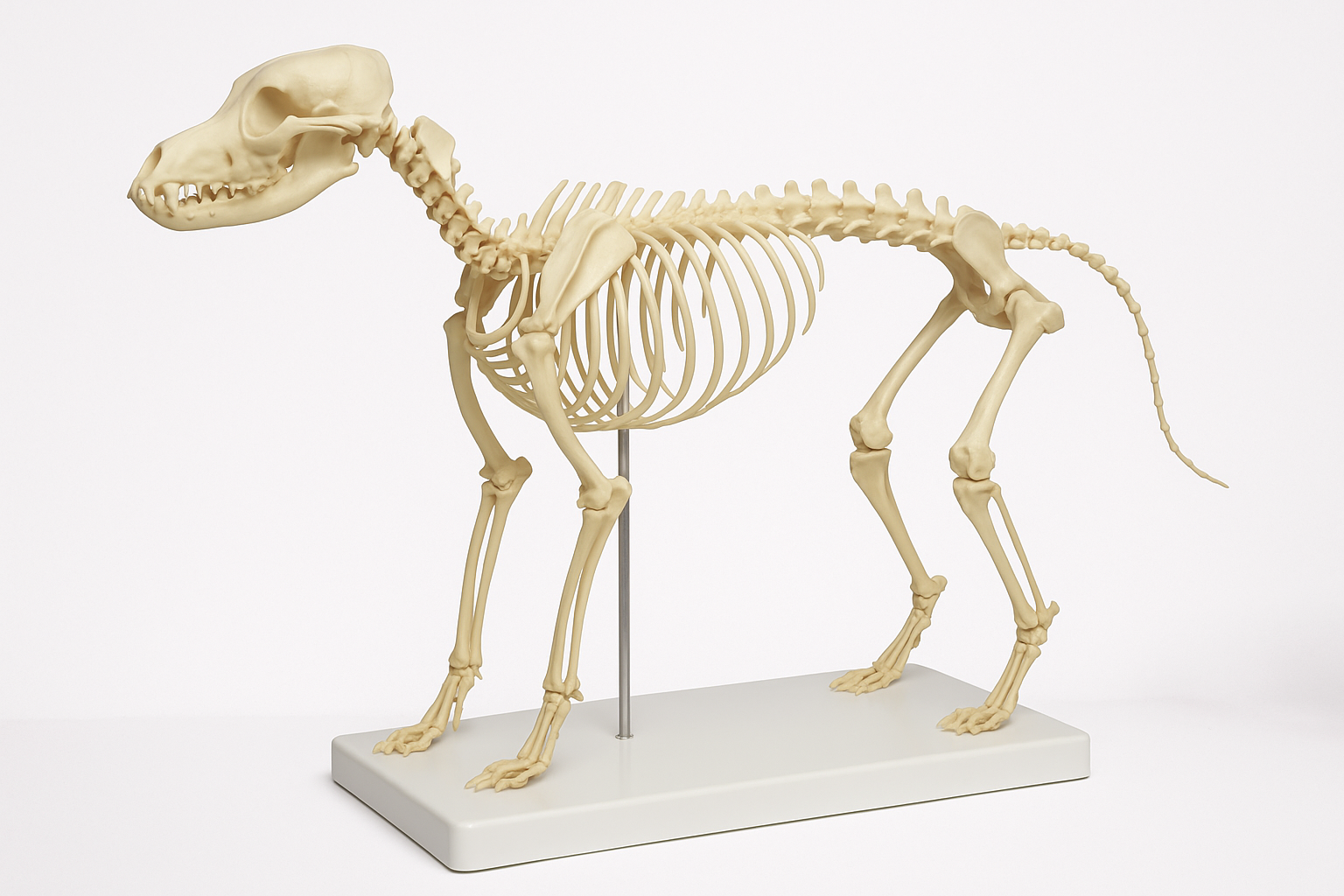 Ett plast skelett som visar hundens anatomi samt en bild som visar hundens anatomi på muskler